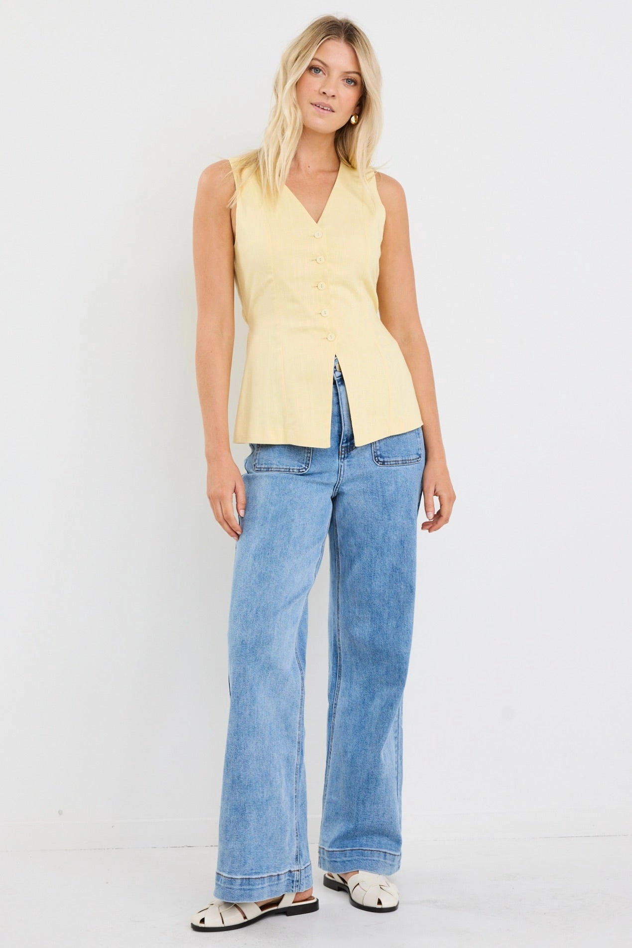 sea based Latitude Lemon Linen Blend Fitted Longline Vest