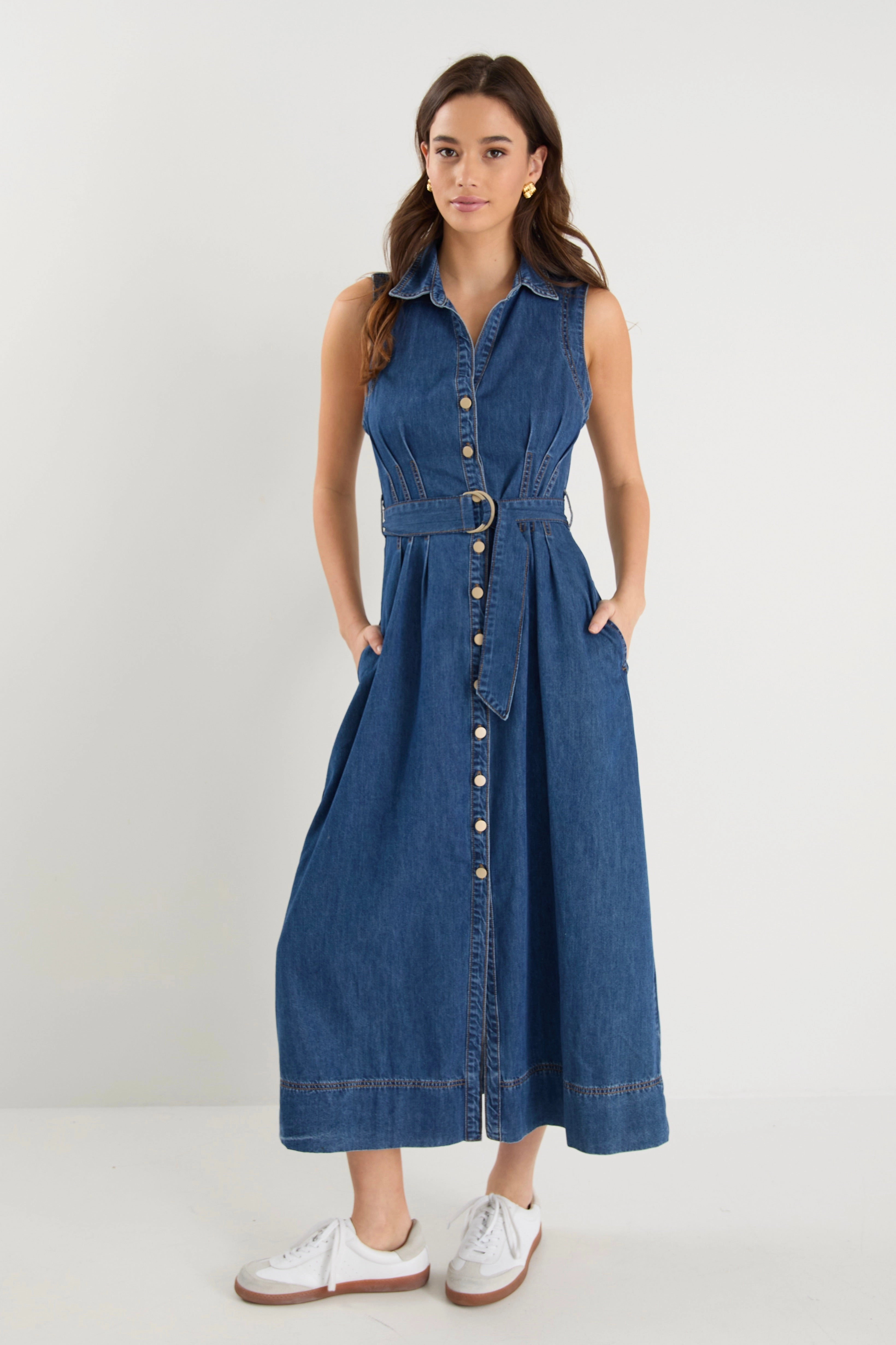 Quiet Glow Crescent Storm Blue Denim Sleeveless Midi Shirt Dress