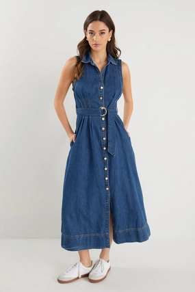 Floral Pattern Crescent Storm Blue Denim Sleeveless Midi Shirt Dress