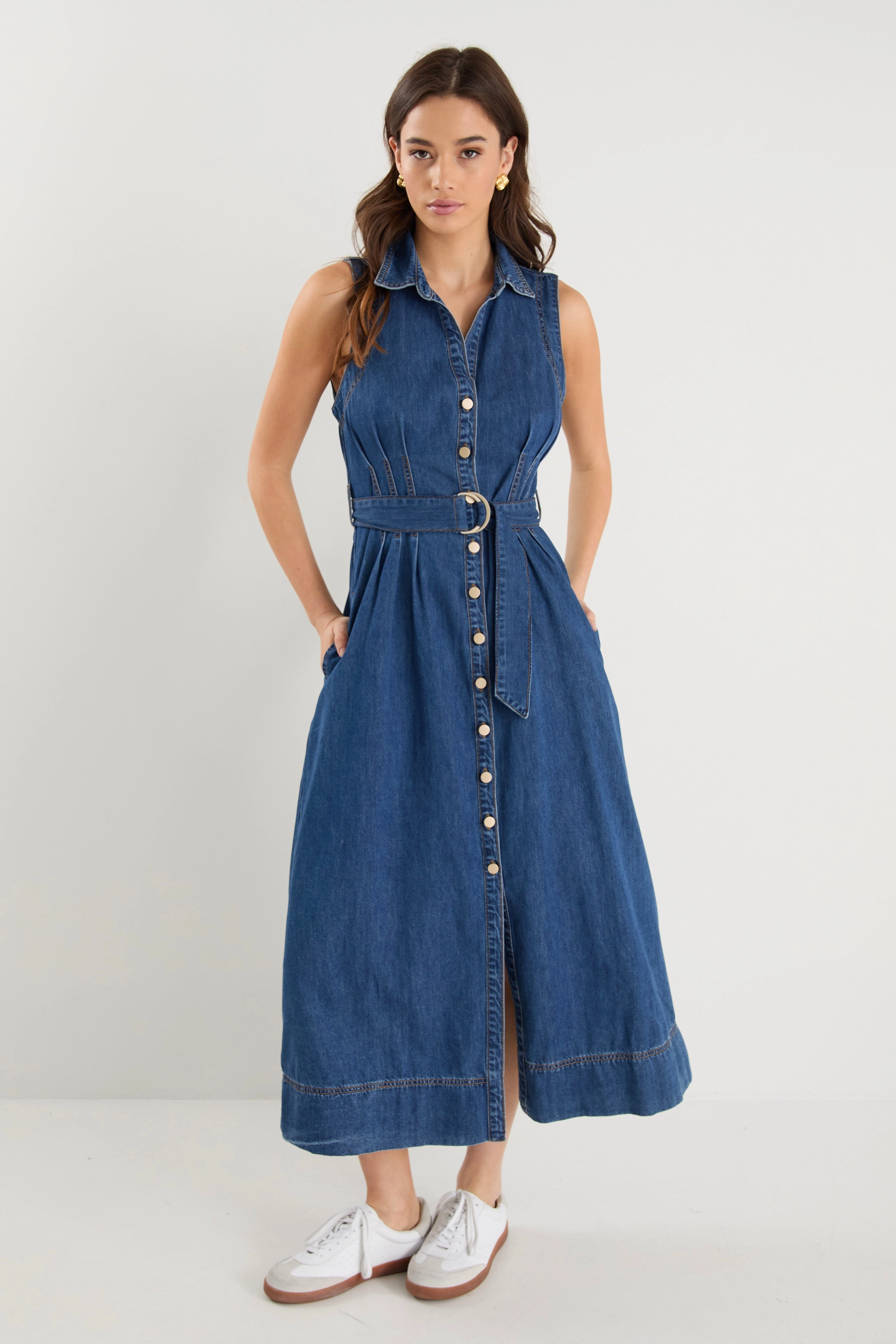 Floral Pattern Crescent Storm Blue Denim Sleeveless Midi Shirt Dress
