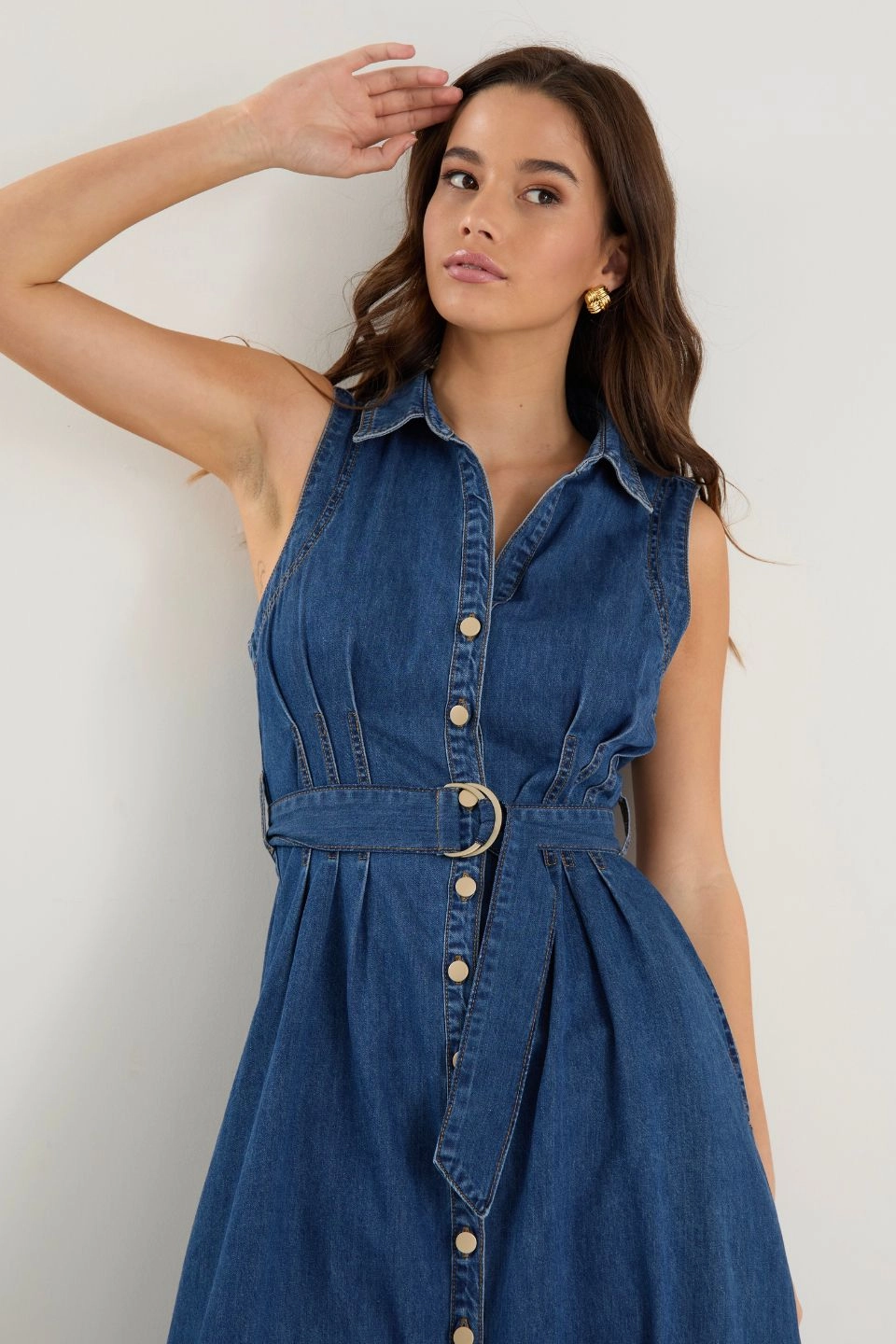 Simple Shape Luxe Comfort Crescent Storm Blue Denim Sleeveless Midi Shirt Dress