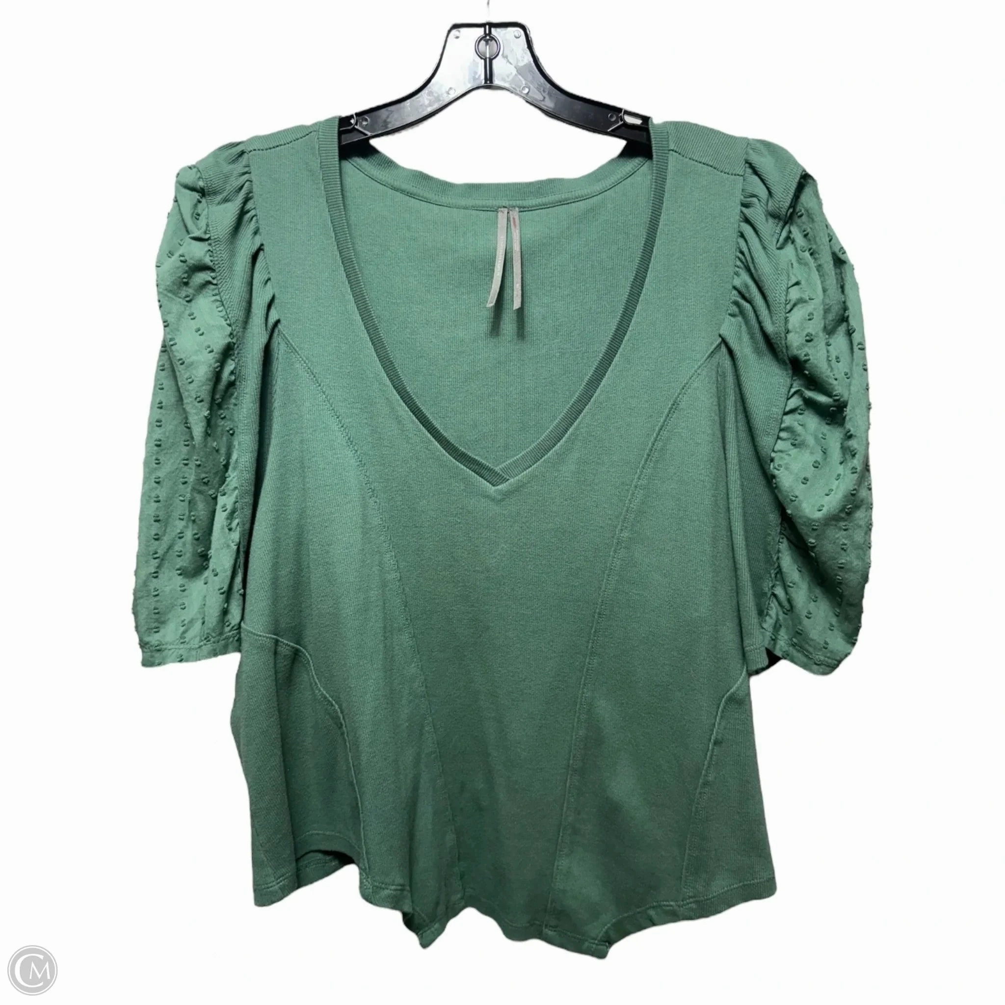 Puff-Sleeve Structured V-Neck Top By Anthropologie In Green, Size: 1X Layered Neckline Ultimate Comfort