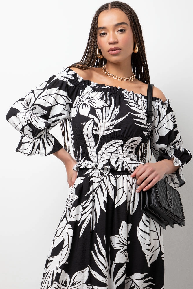 Leaf Off The Shoulder Three  Quarter Sleeve Top Black Stretch Weave Construction