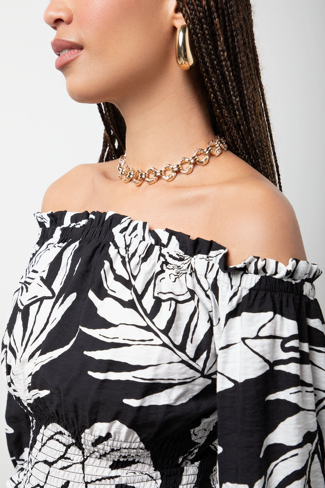 Leaf Off The Shoulder Three  Quarter Sleeve Top Black FlexibleRibbedTrims FourWay Stretch Fabric