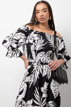 Leaf Off The Shoulder Three  Quarter Sleeve Top Black Stretch Weave Construction