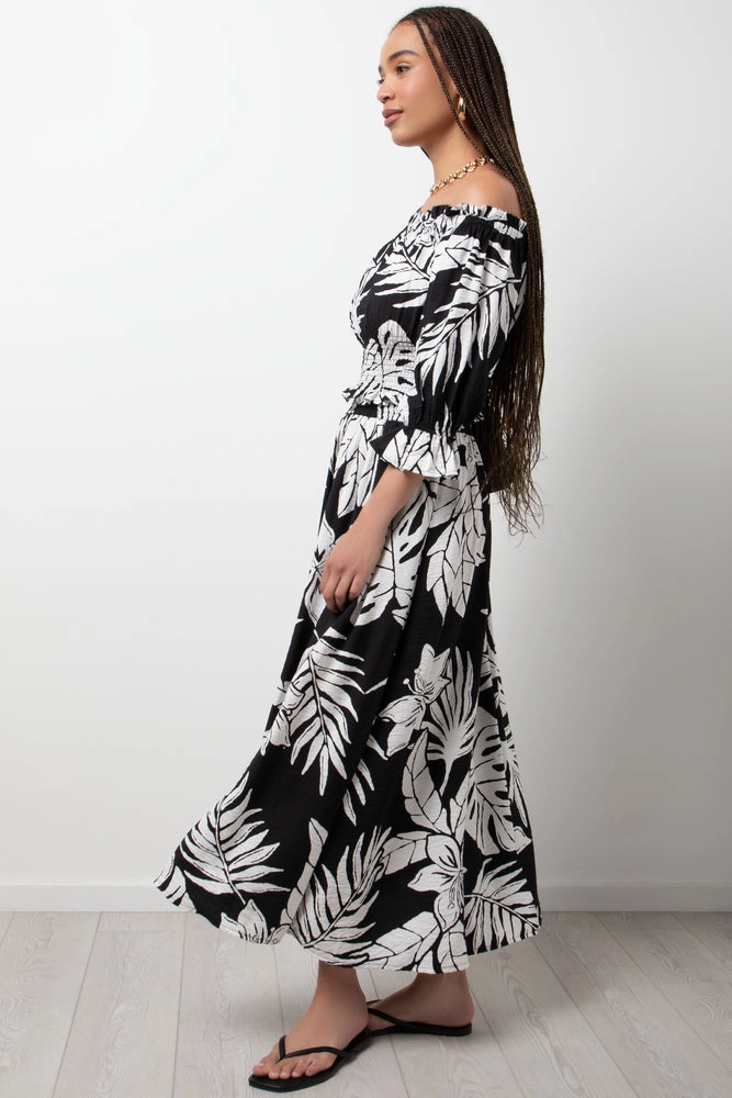 Eco Friendly Dye Process Leaf Off The Shoulder Three  Quarter Sleeve Top Black