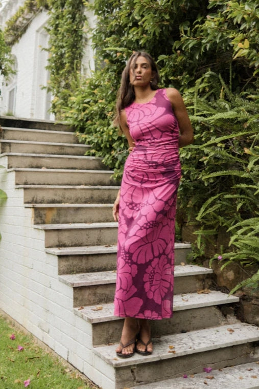 Persephone Berry Floral Mesh Sleeveless Midi Dress Mid layer Polished Appearance