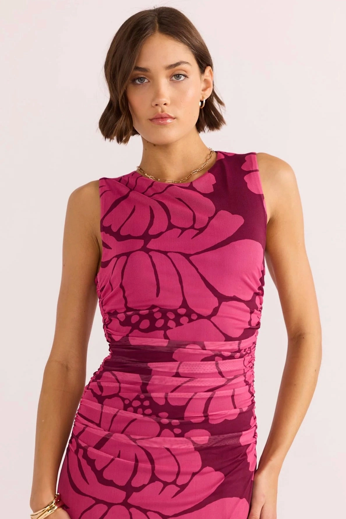 Chic Mom Tailored Comfort Persephone Berry Floral Mesh Sleeveless Midi Dress