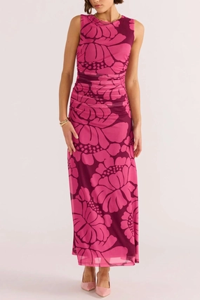 Persephone Berry Floral Mesh Sleeveless Midi Dress Chic Layers