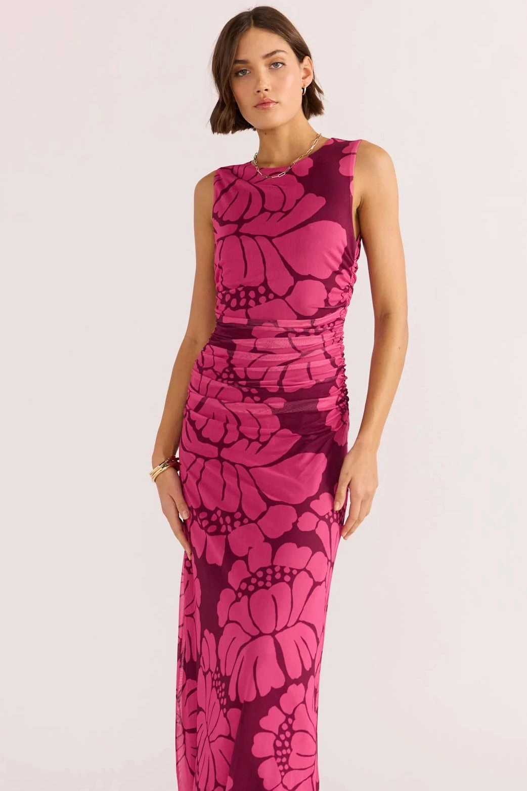 Pleat-Front Persephone Berry Floral Mesh Sleeveless Midi Dress