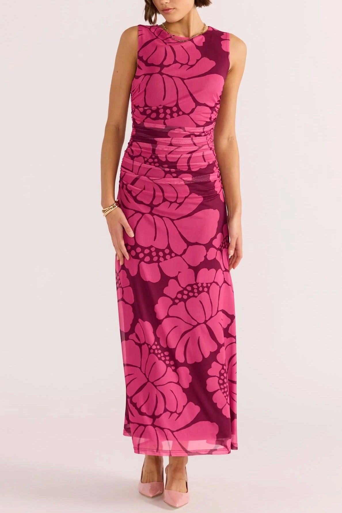 Persephone Berry Floral Mesh Sleeveless Midi Dress Chic Layers