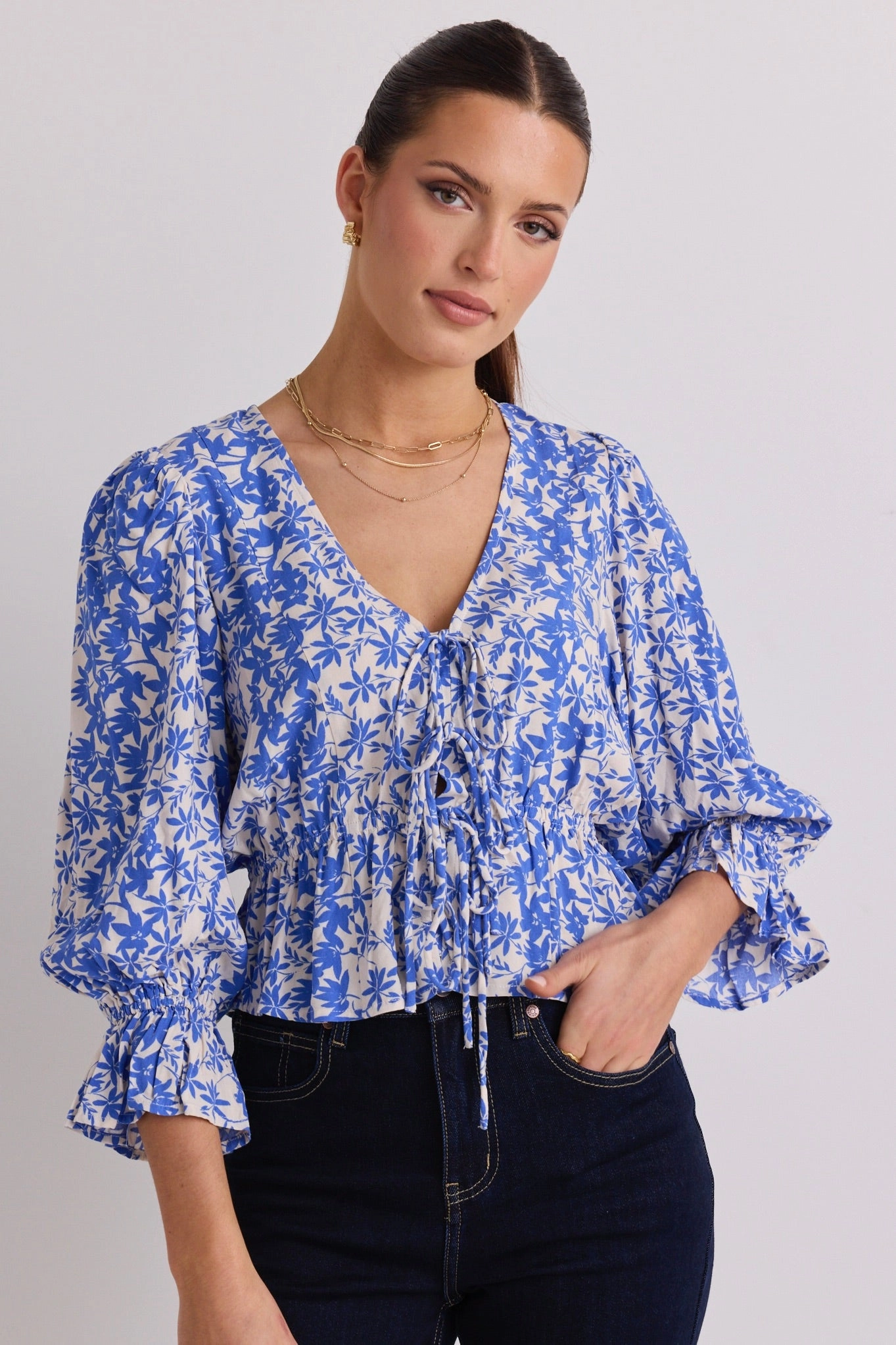 Sustainable Manufacturing Process Liberation Blue Floral Bow Front Short Sleeve Top