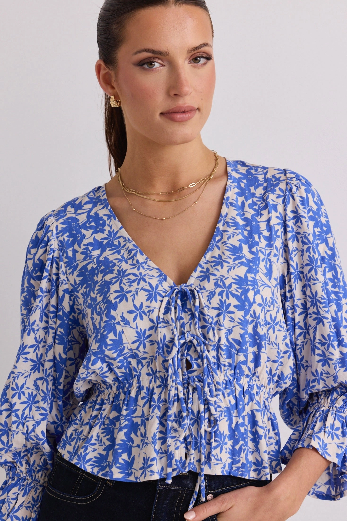 FlexibleNeckline Liberation Blue Floral Bow Front Short Sleeve Top