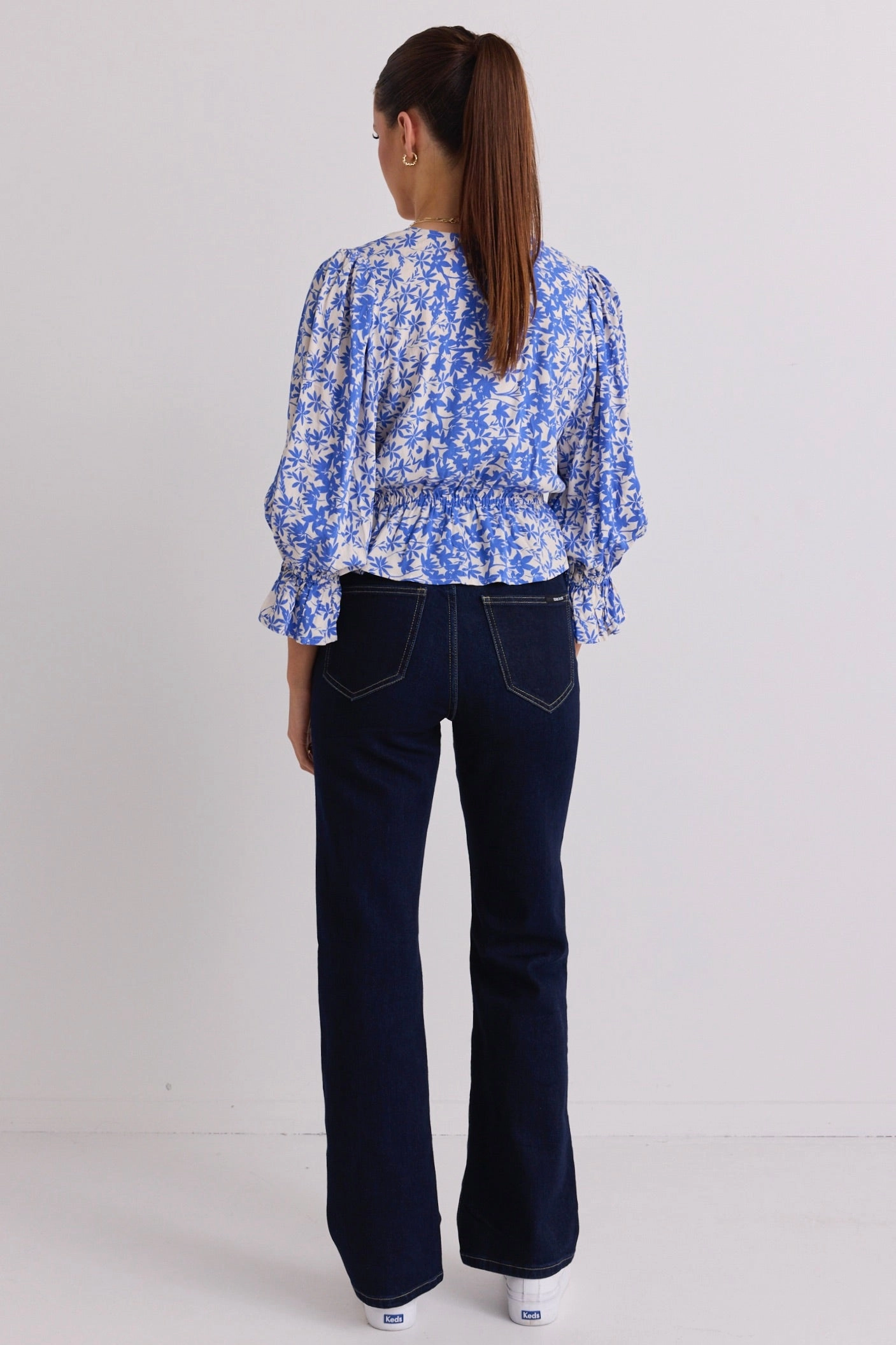 Liberation Blue Floral Bow Front Short Sleeve Top NaturalFiberBlend