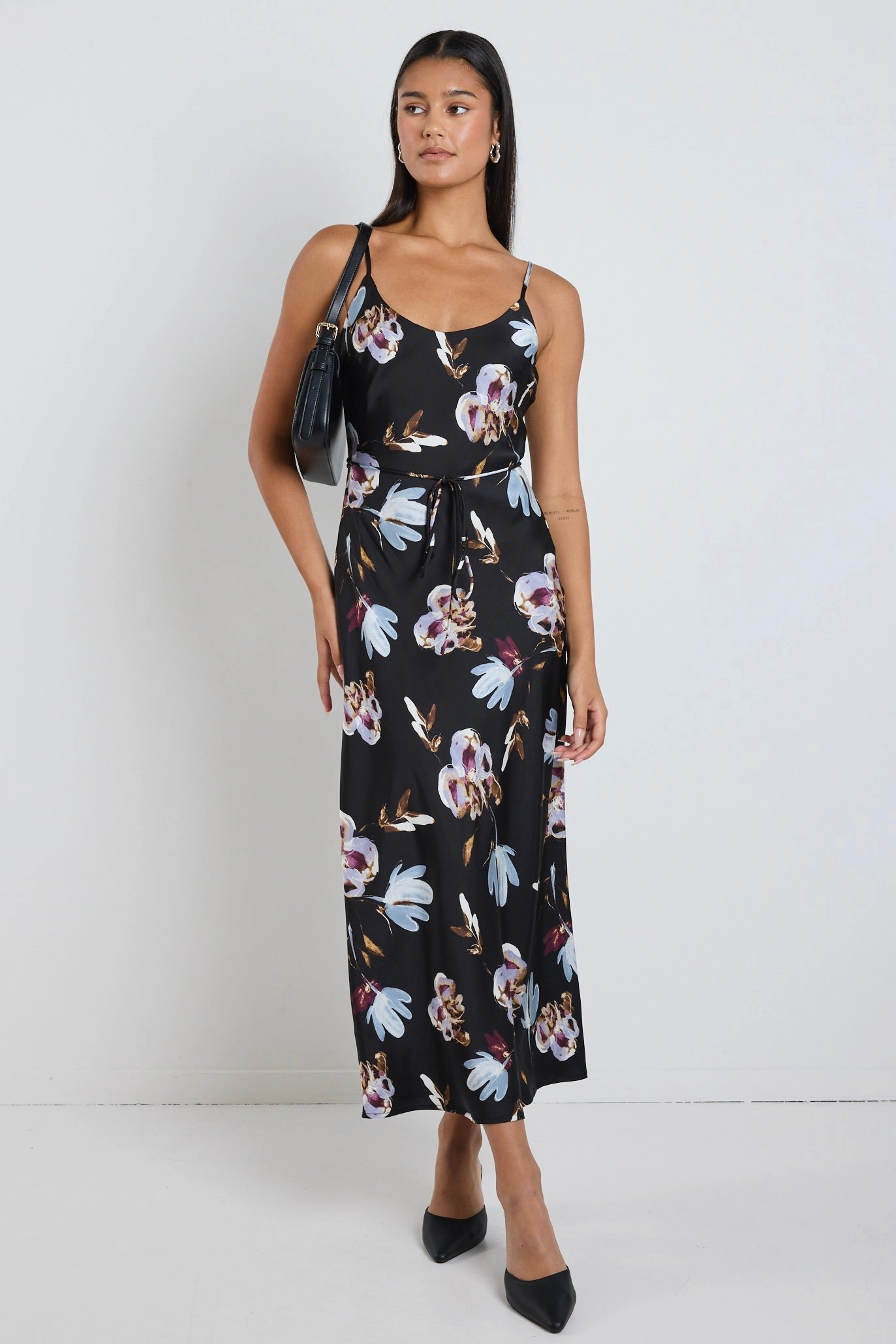 Street Casual Tailored Fit Exhibition Black Smudge Floral Satin Bias Flared Maxi Dress