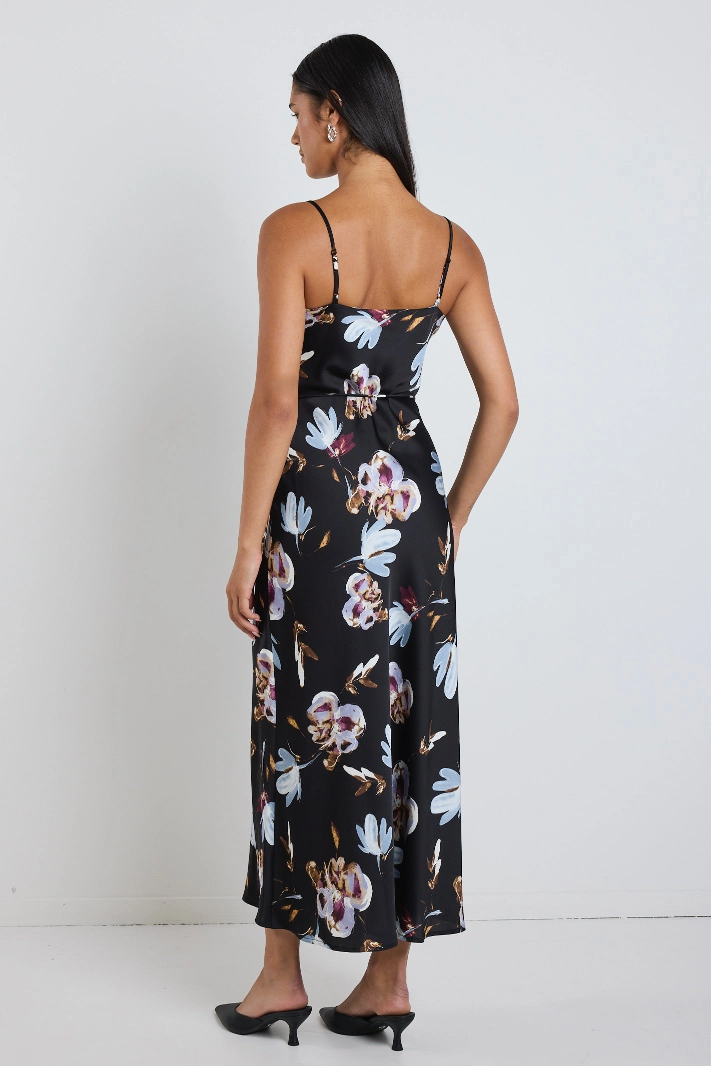Nature Inspired Light material Exhibition Black Smudge Floral Satin Bias Flared Maxi Dress