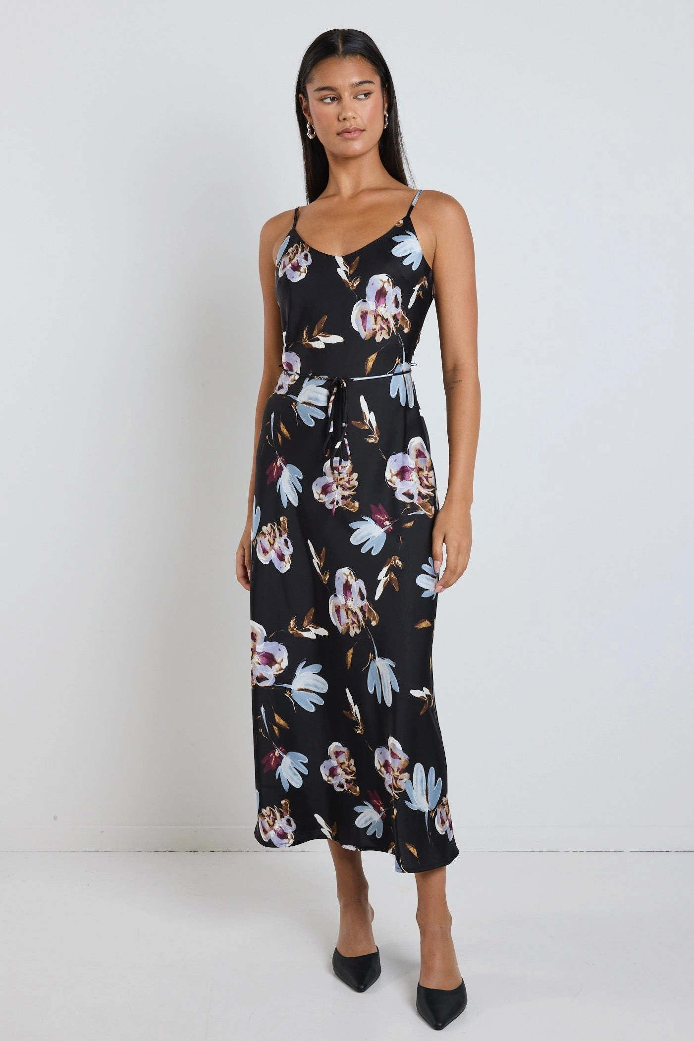Minimal Harmony Exhibition Black Smudge Floral Satin Bias Flared Maxi Dress