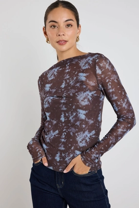 Colorfast Dye Method Light Chocolate Tie Dye Mesh Boatneck Top