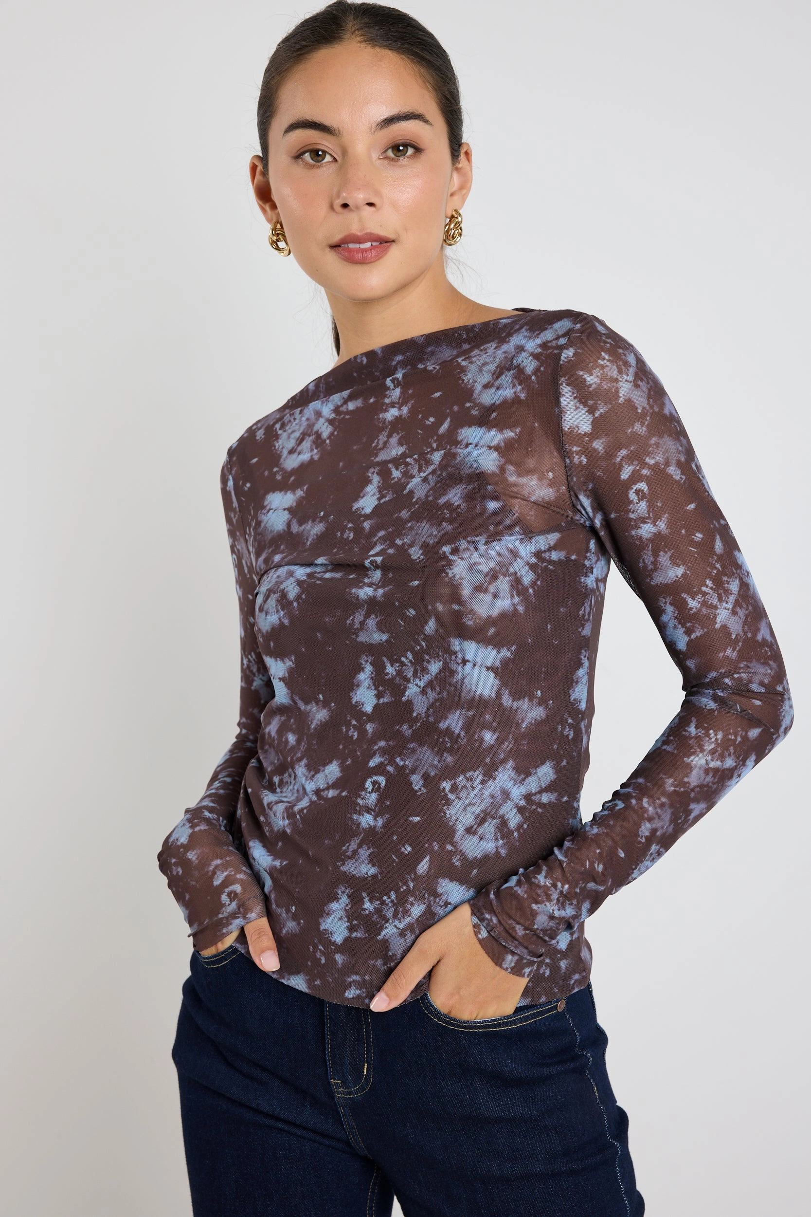 Colorfast Dye Method Light Chocolate Tie Dye Mesh Boatneck Top