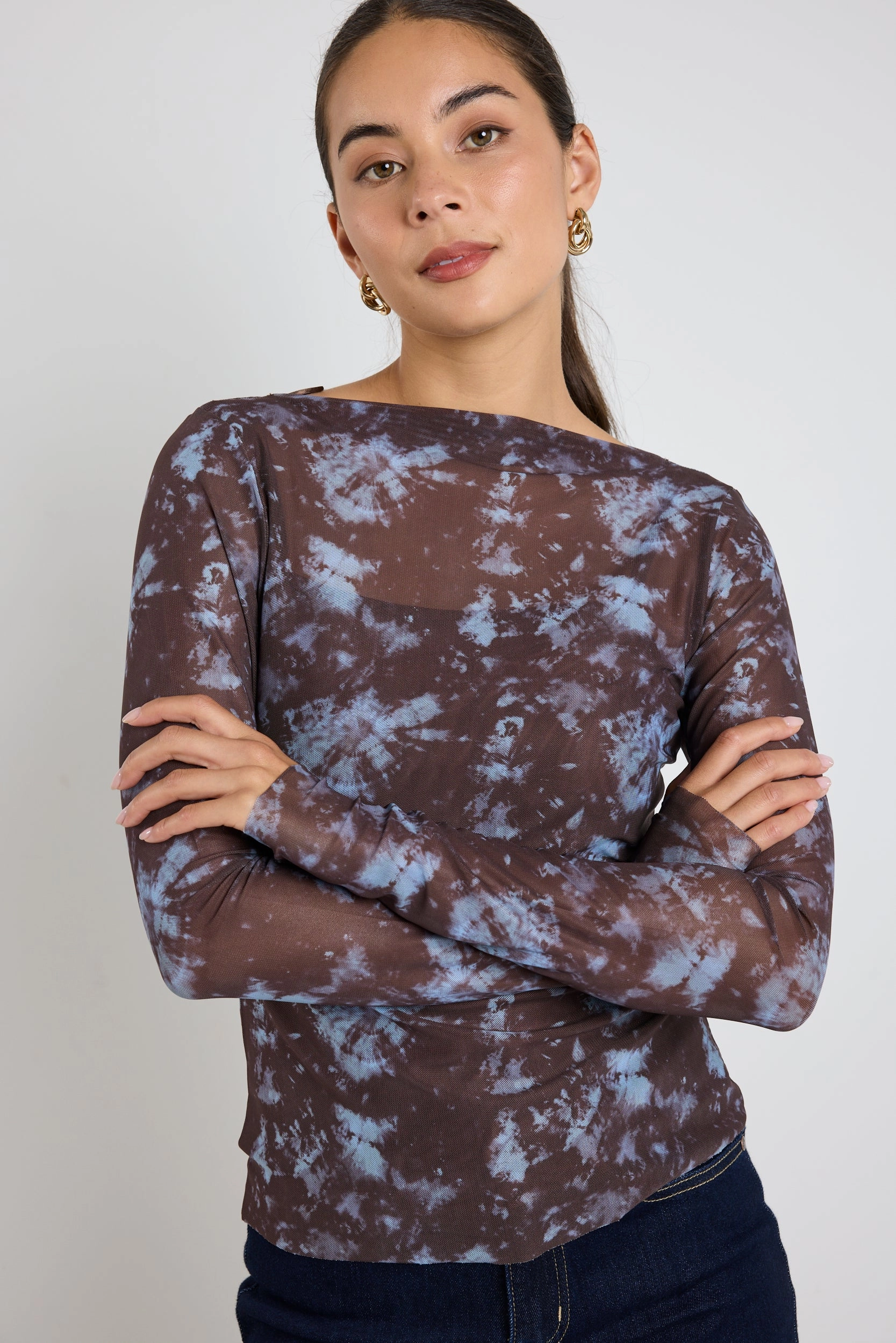 Light Chocolate Tie Dye Mesh Boatneck Top Active Wear Wear Resistant Edge