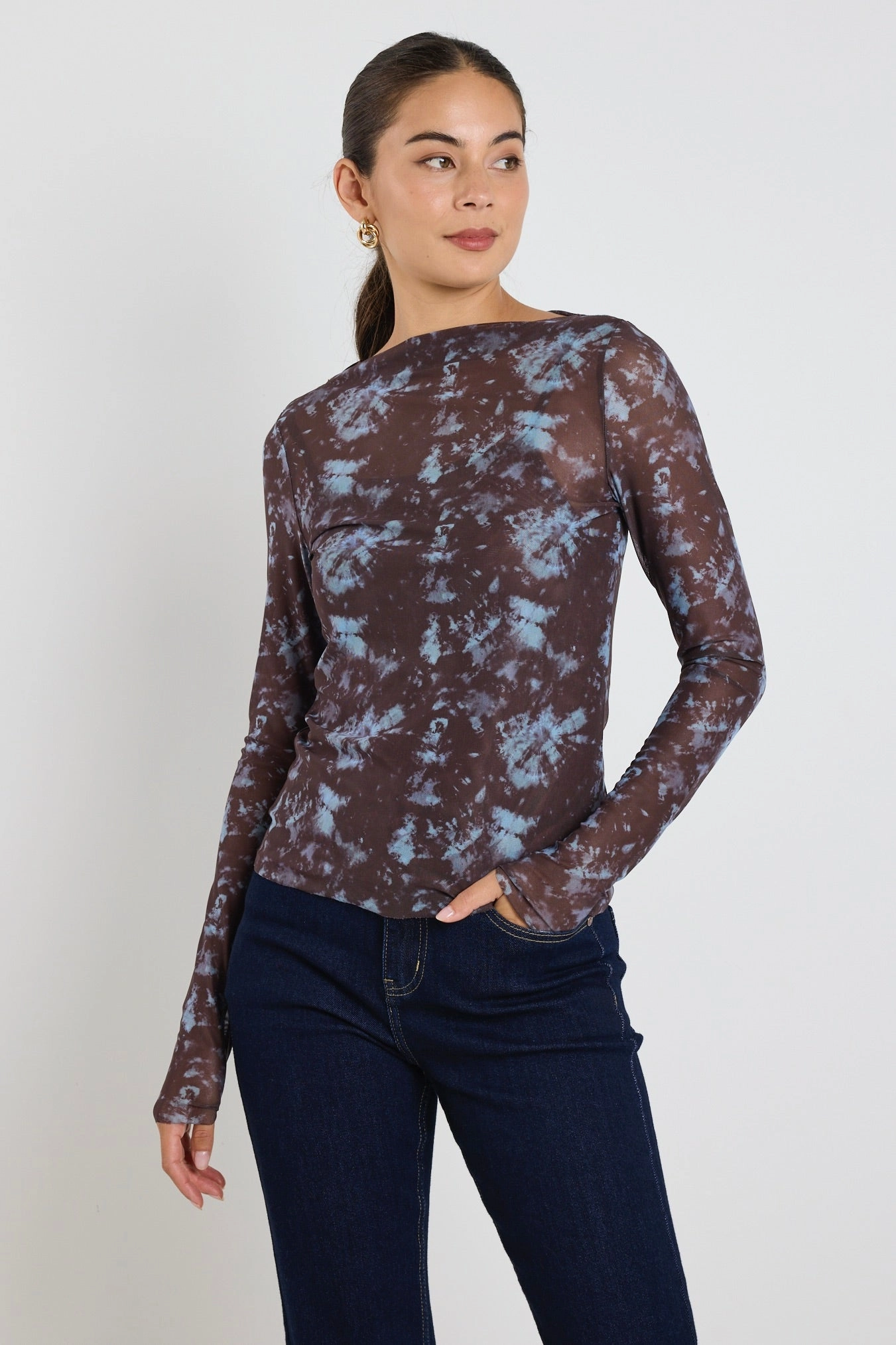 Light Chocolate Tie Dye Mesh Boatneck Top Drop Shoulder Cut