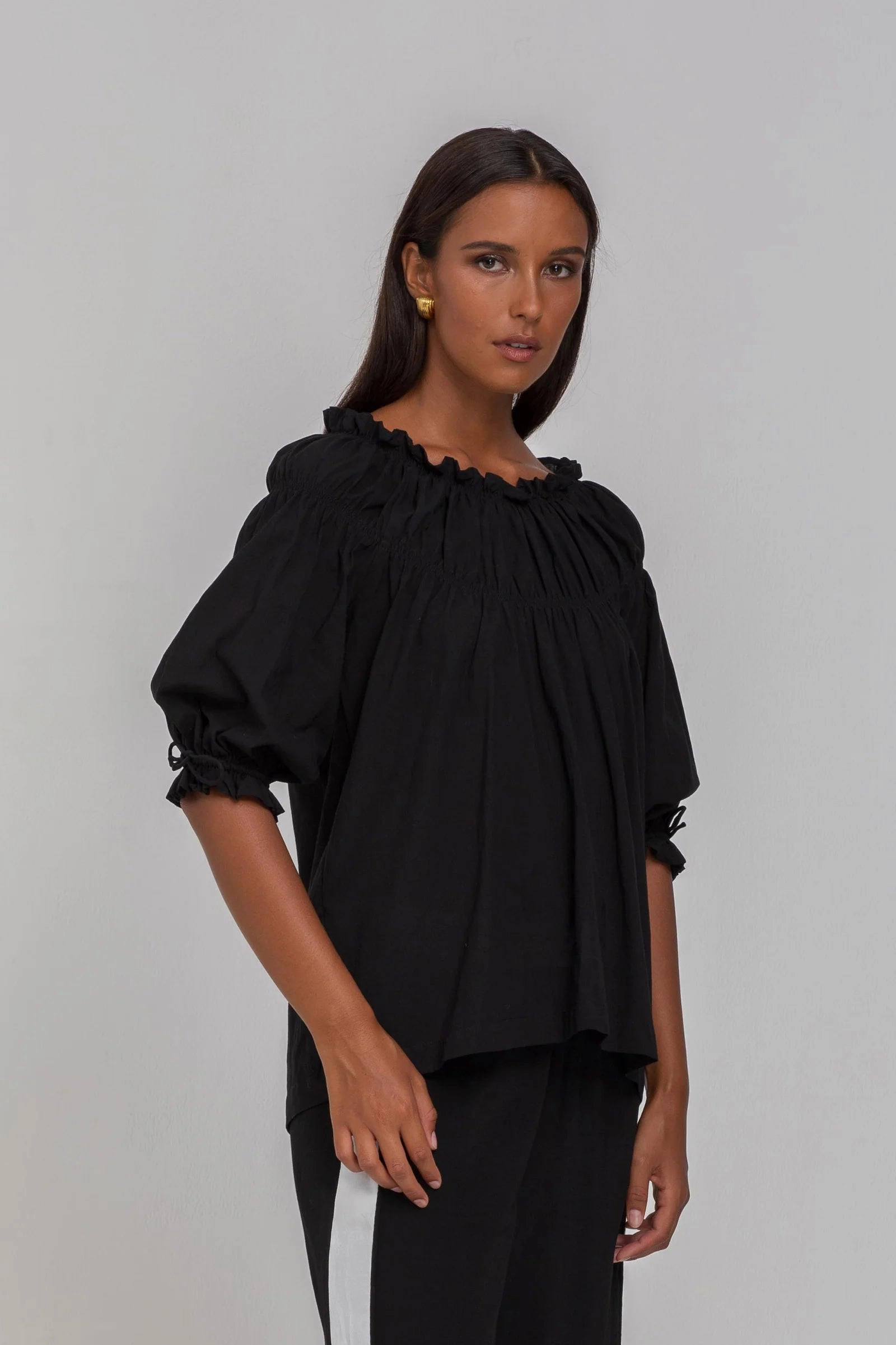 With Hope Black Shirred Neck Mid Sleeve Top Mesh Panel Details