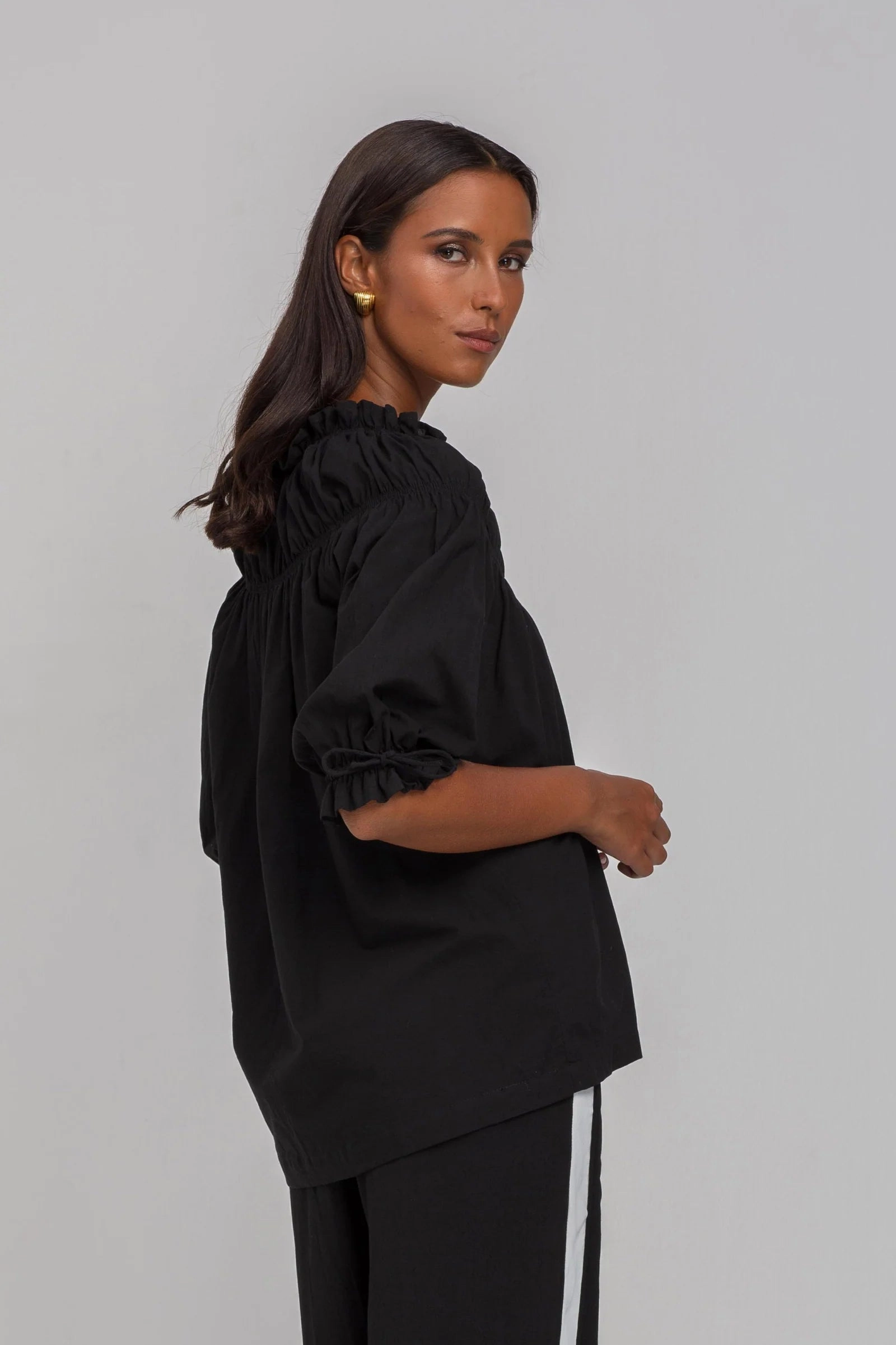 EcoFriendly Manufacturing With Hope Black Shirred Neck Mid Sleeve Top