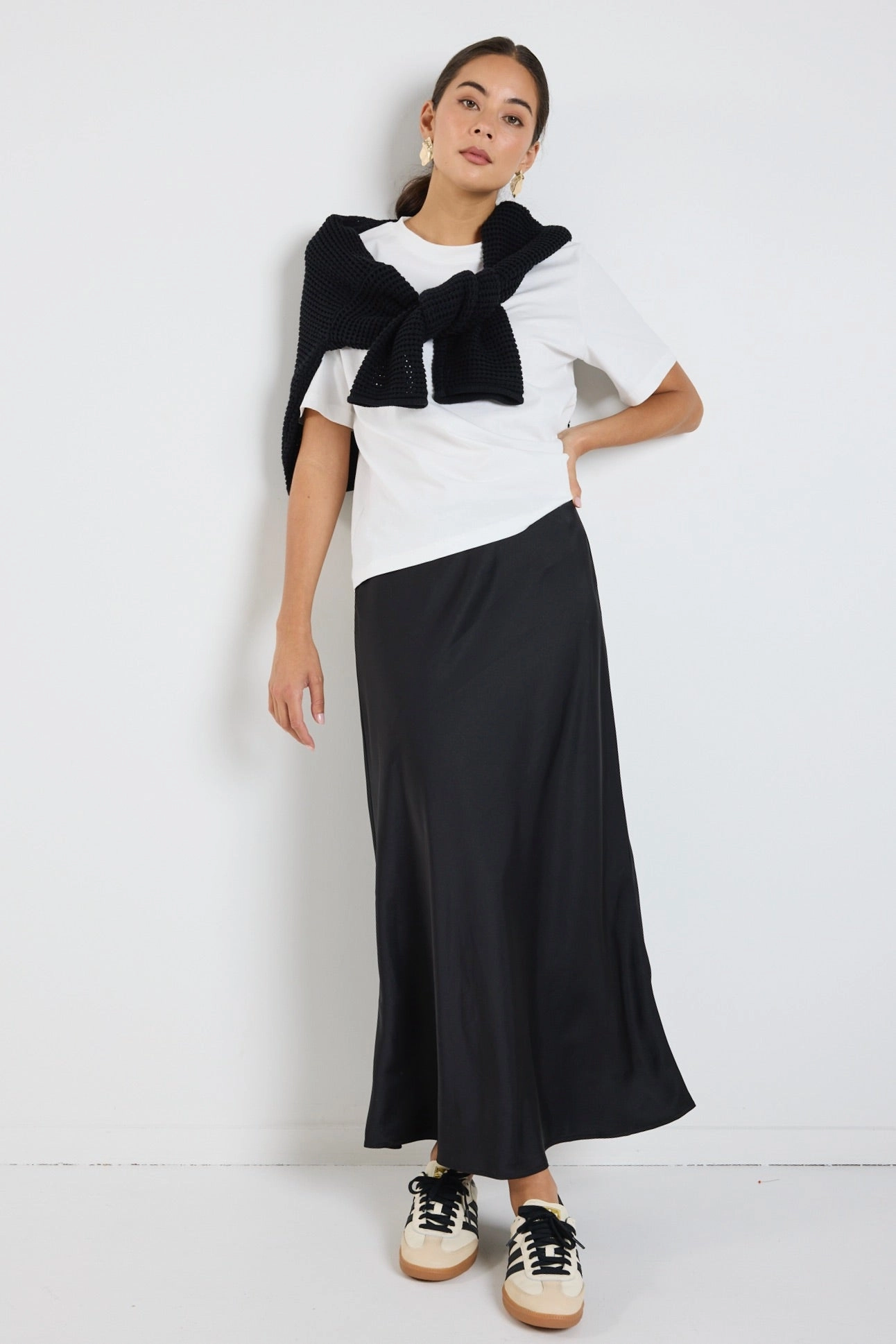 Gather Details Rosette Black Satin Bias Midi Skirt