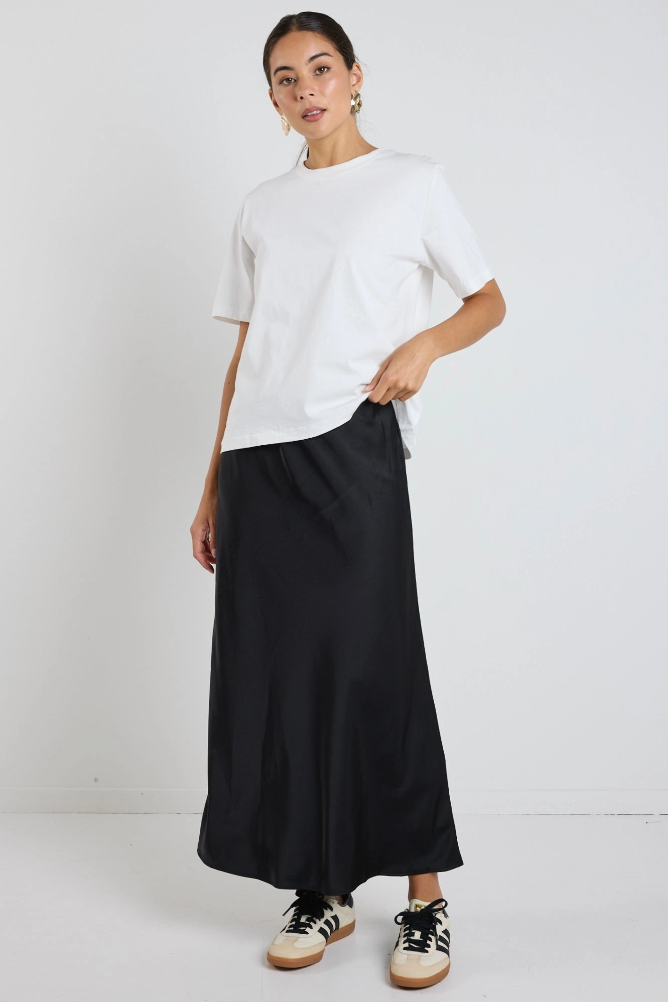 Artisanal Craft Pure Vibes Rosette Black Satin Bias Midi Skirt