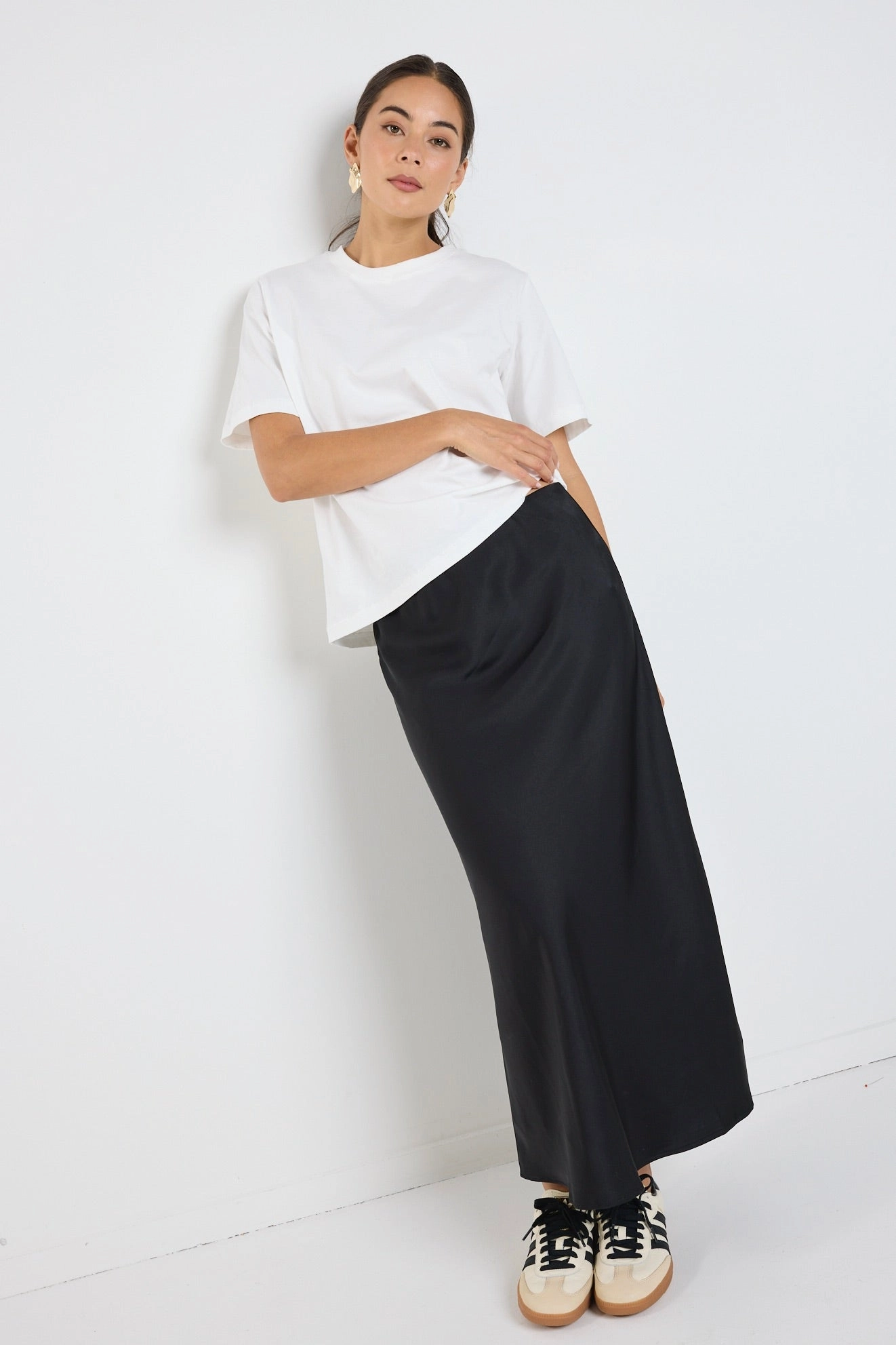 Rosette Black Satin Bias Midi Skirt Everyday Comfort Easy Movement