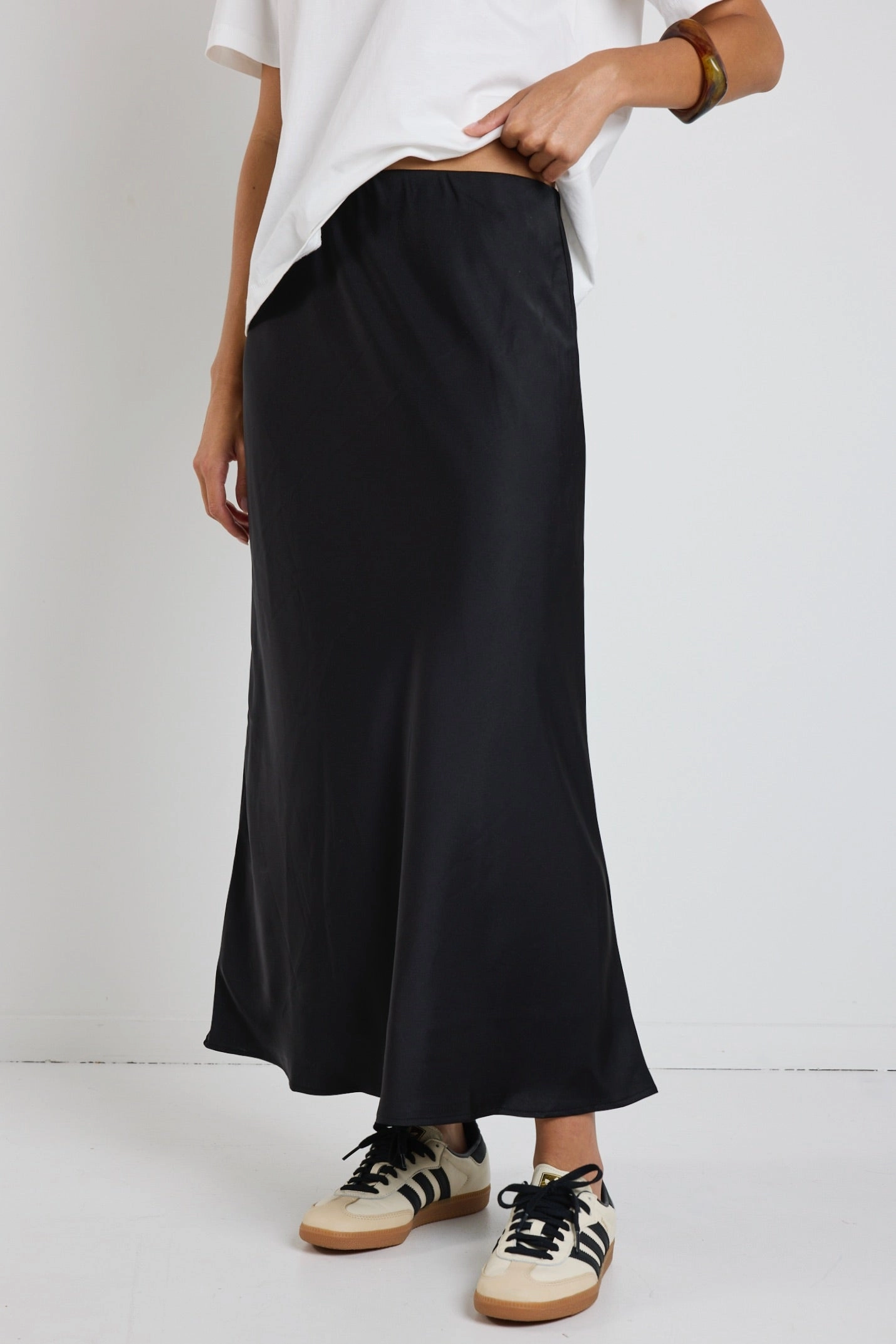 Breezy Look All Season Wear Rosette Black Satin Bias Midi Skirt