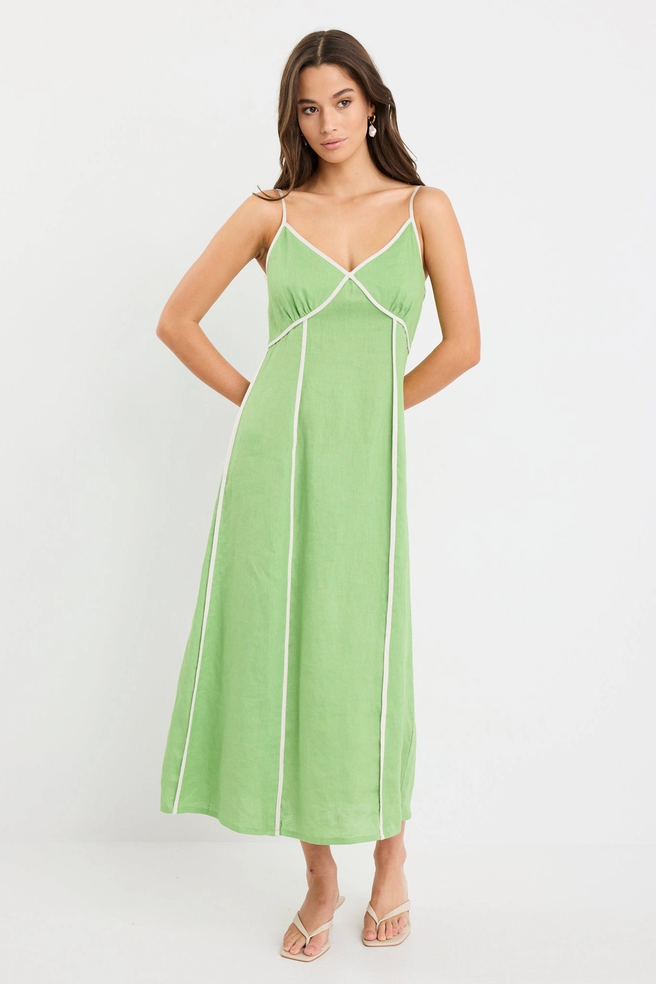 Marine Apple Contrast Piped Linen Strappy Maxi Dress Bold Design Subtle Touch