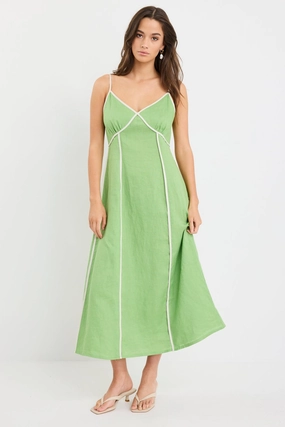 Frayed-Edge Walk Easy Marine Apple Contrast Piped Linen Strappy Maxi Dress