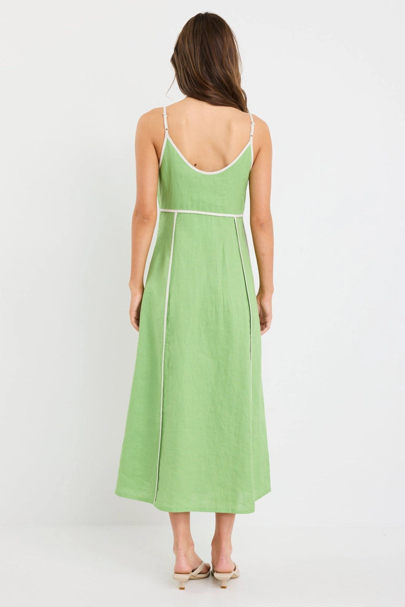 Breezy Mood Marine Apple Contrast Piped Linen Strappy Maxi Dress
