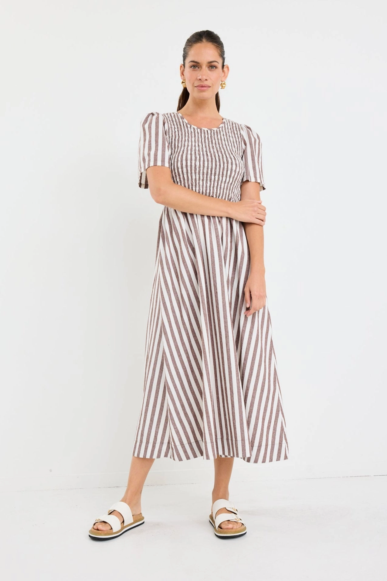 All-Purpose Comfort Zip Closure Wren Chocolate Stripe Cotton SS Shirred Bodice Midi Dress