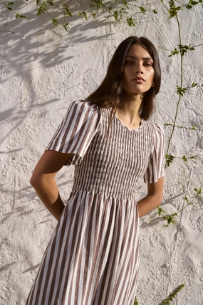 Wren Chocolate Stripe Cotton SS Shirred Bodice Midi Dress Versatile Layering