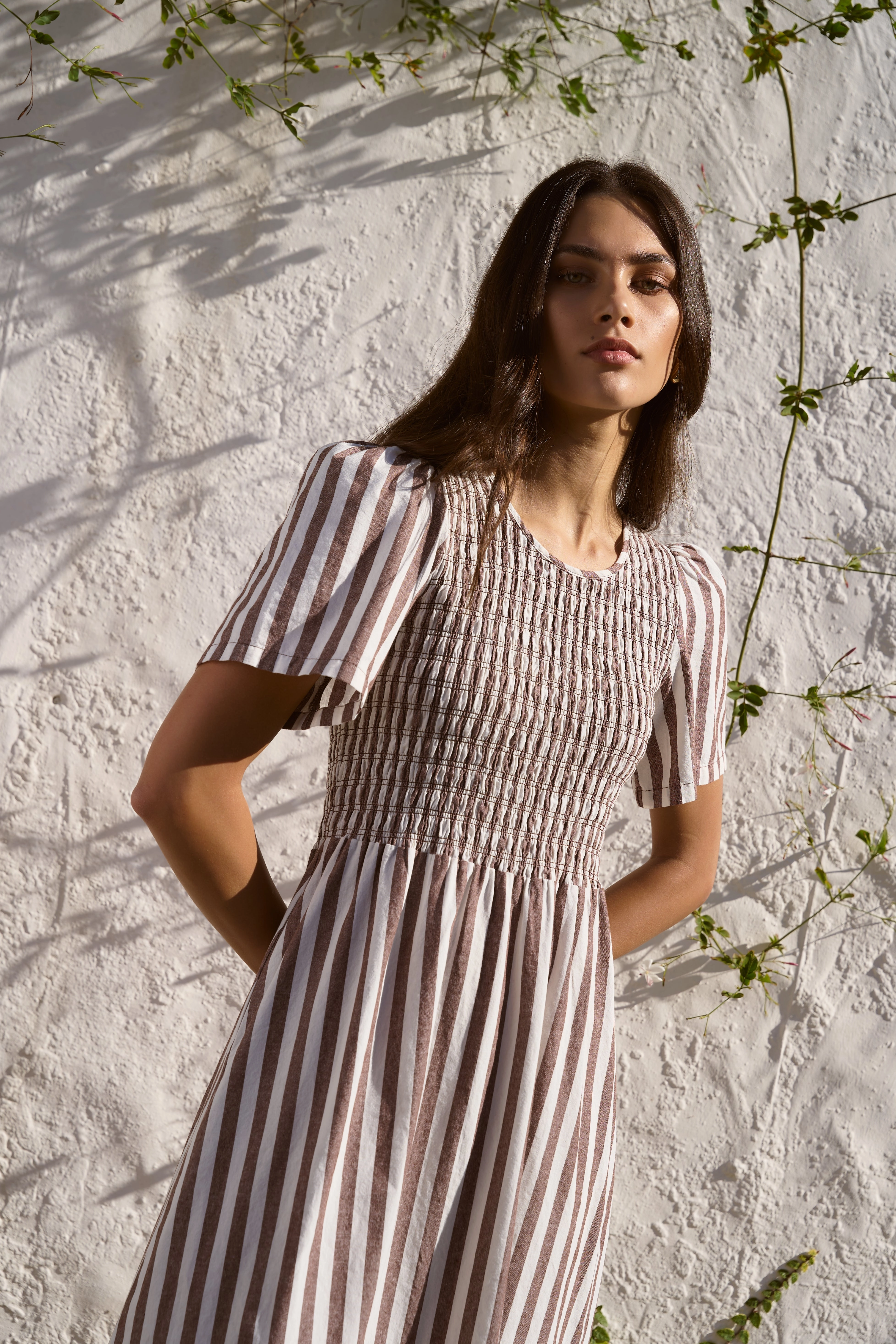 Wren Chocolate Stripe Cotton SS Shirred Bodice Midi Dress Versatile Layering
