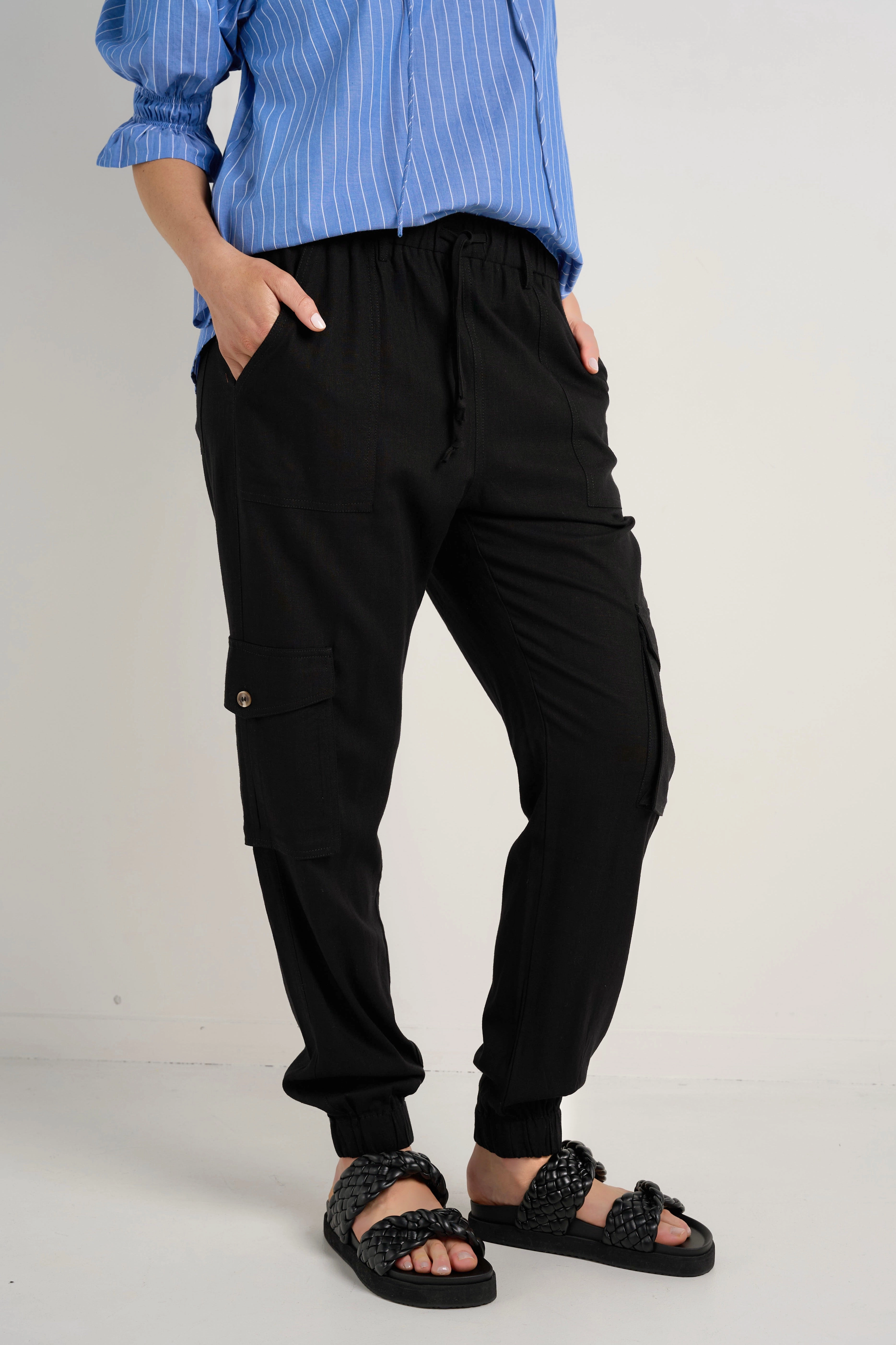 Debut Black Linen Viscose Jogger Style Pants Fashion Staple Perfect Comfort