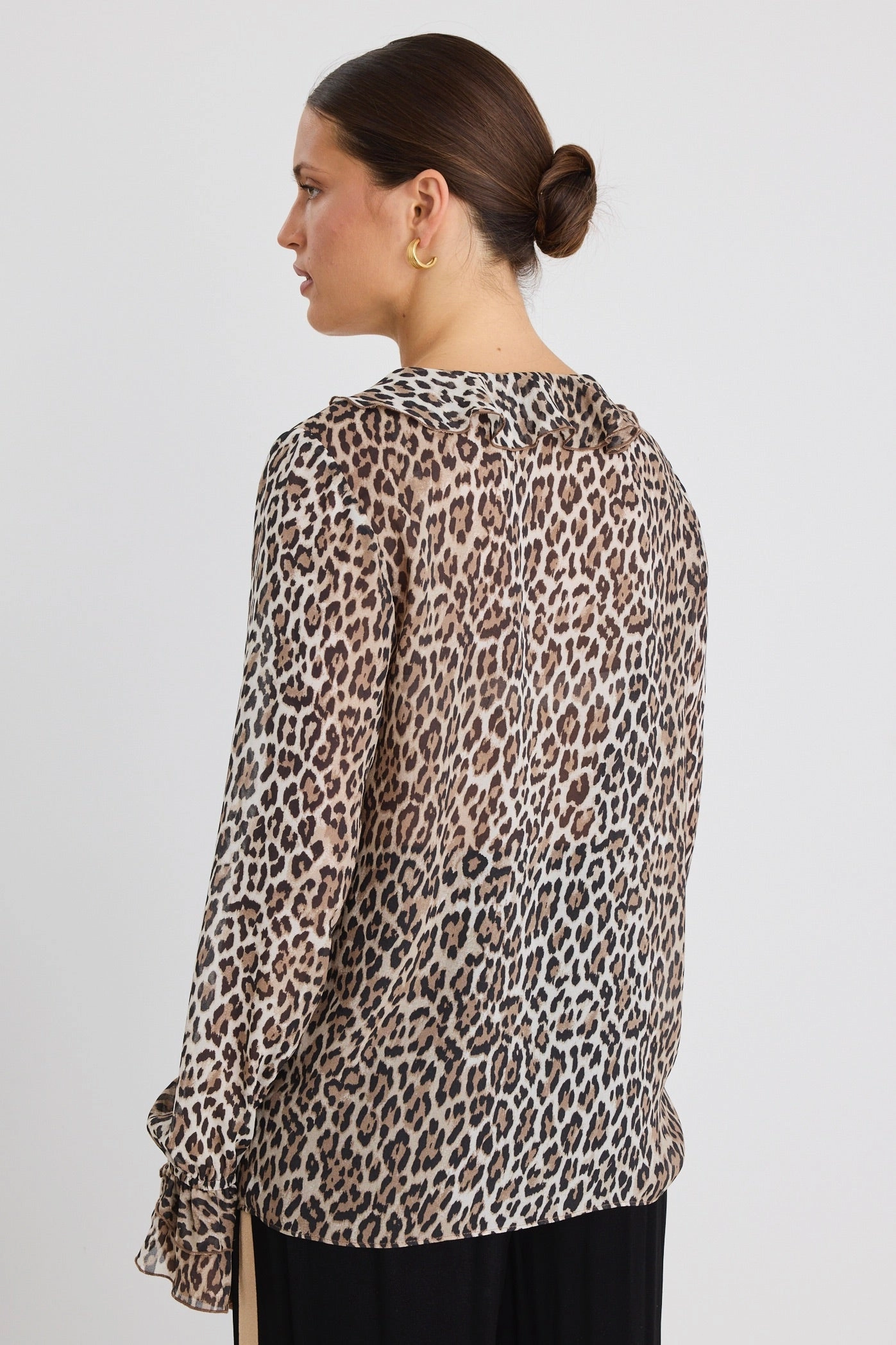 Office Look Bohemian Leopard Georgette LS Frill Front Top