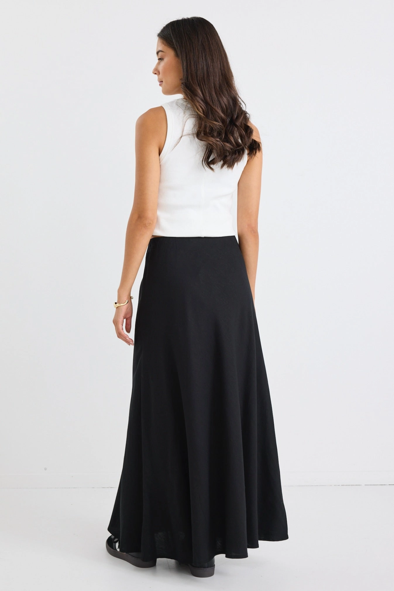Tiered Layers party look Lagos Black Linen Blend Bias Maxi Skirt