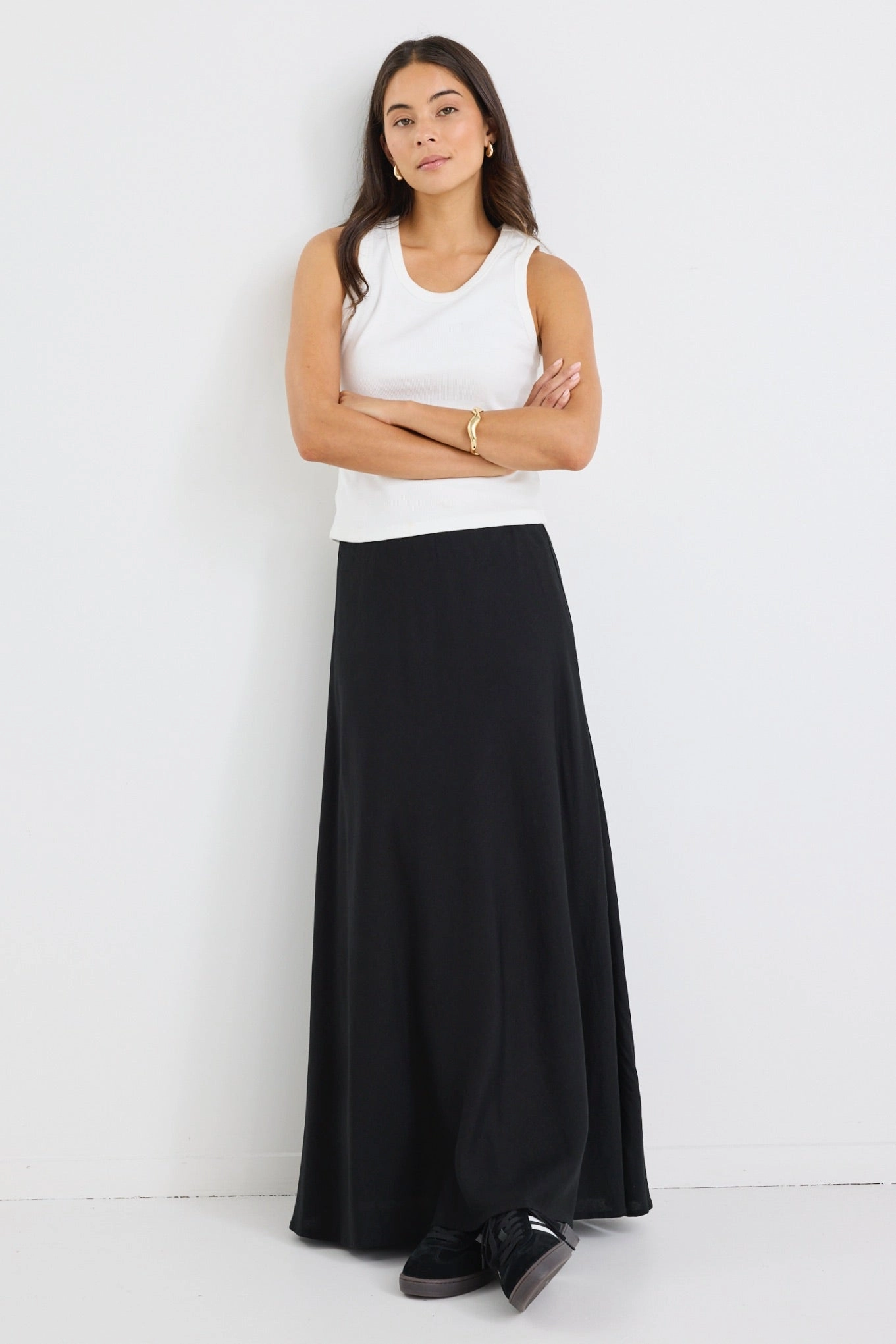 Gathered waist Lagos Black Linen Blend Bias Maxi Skirt