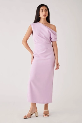 Regency Lilac Off Shoulder Midi Dress Seamless-Look Soft Mesh