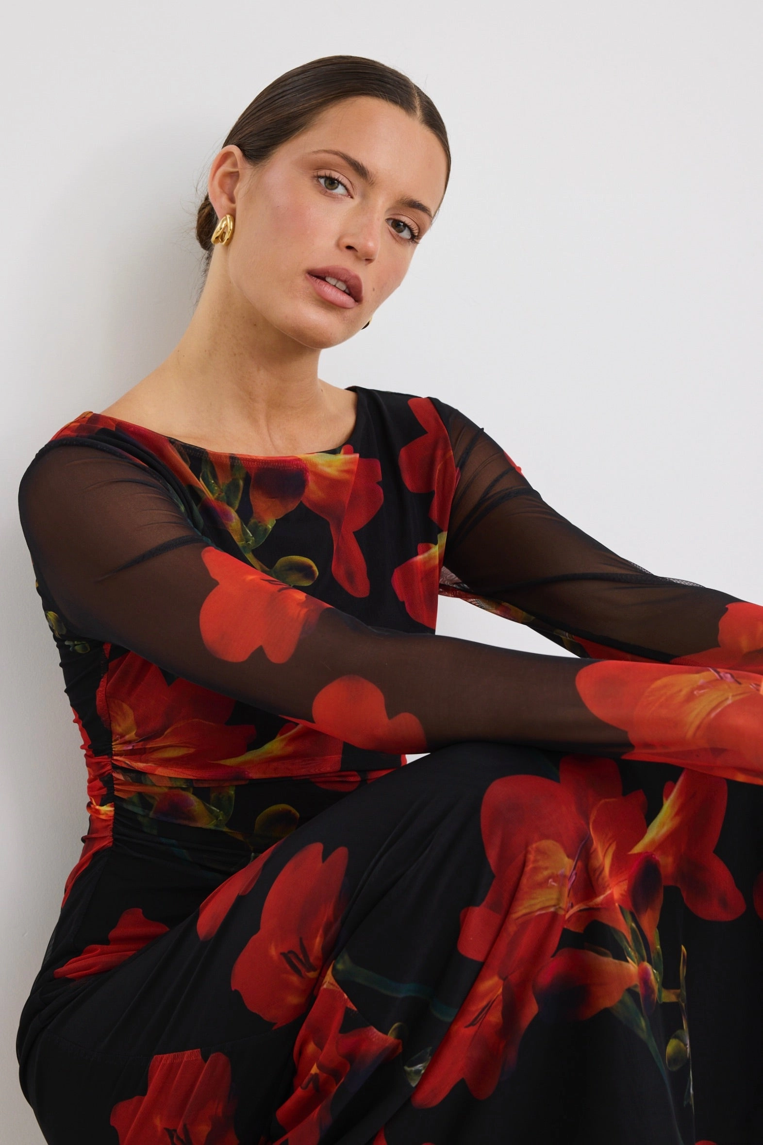 Aura Glow Location Red Floral Mesh LS Wide Neck Midi Dress