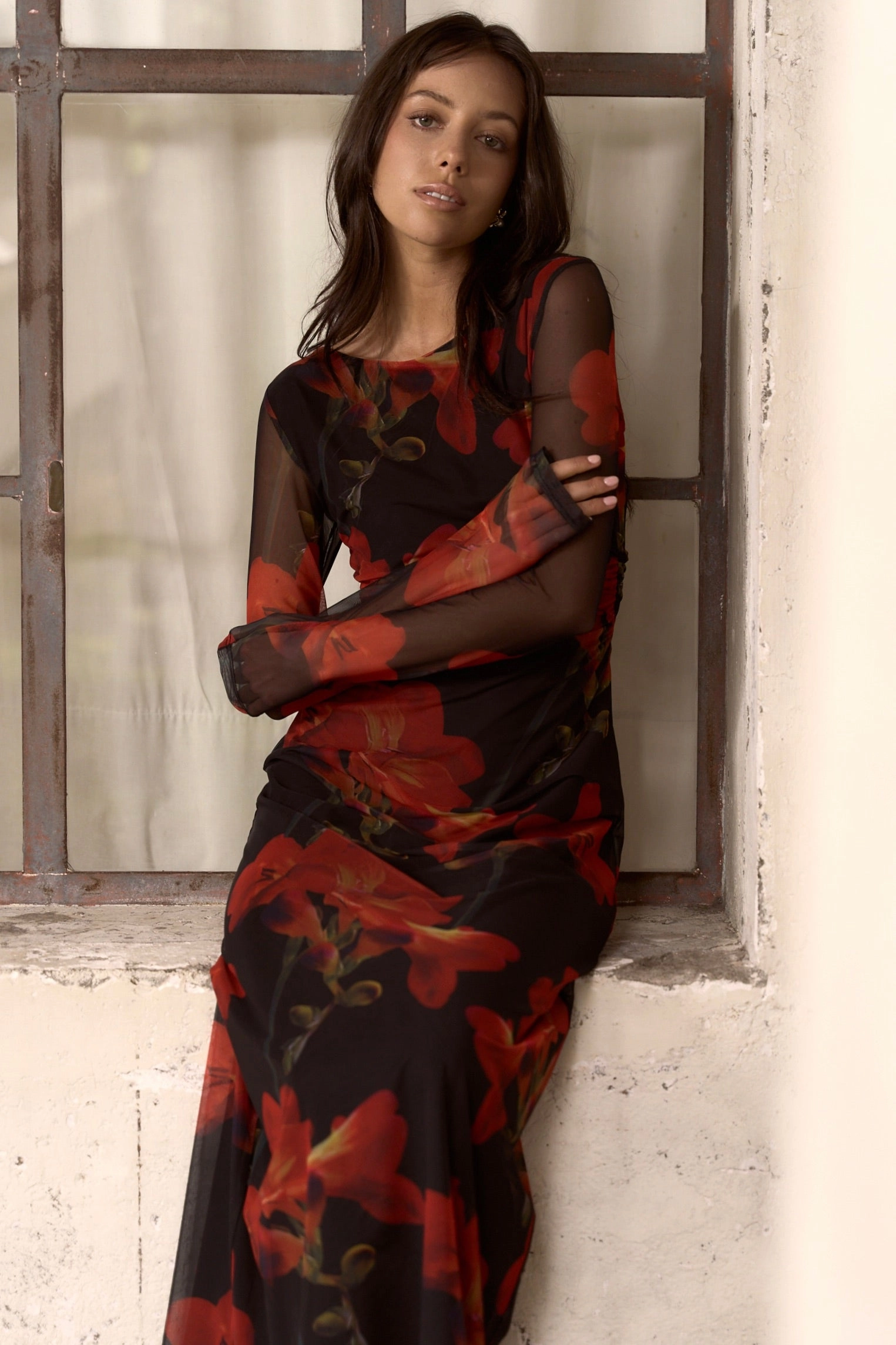 Sleek Form Location Red Floral Mesh LS Wide Neck Midi Dress