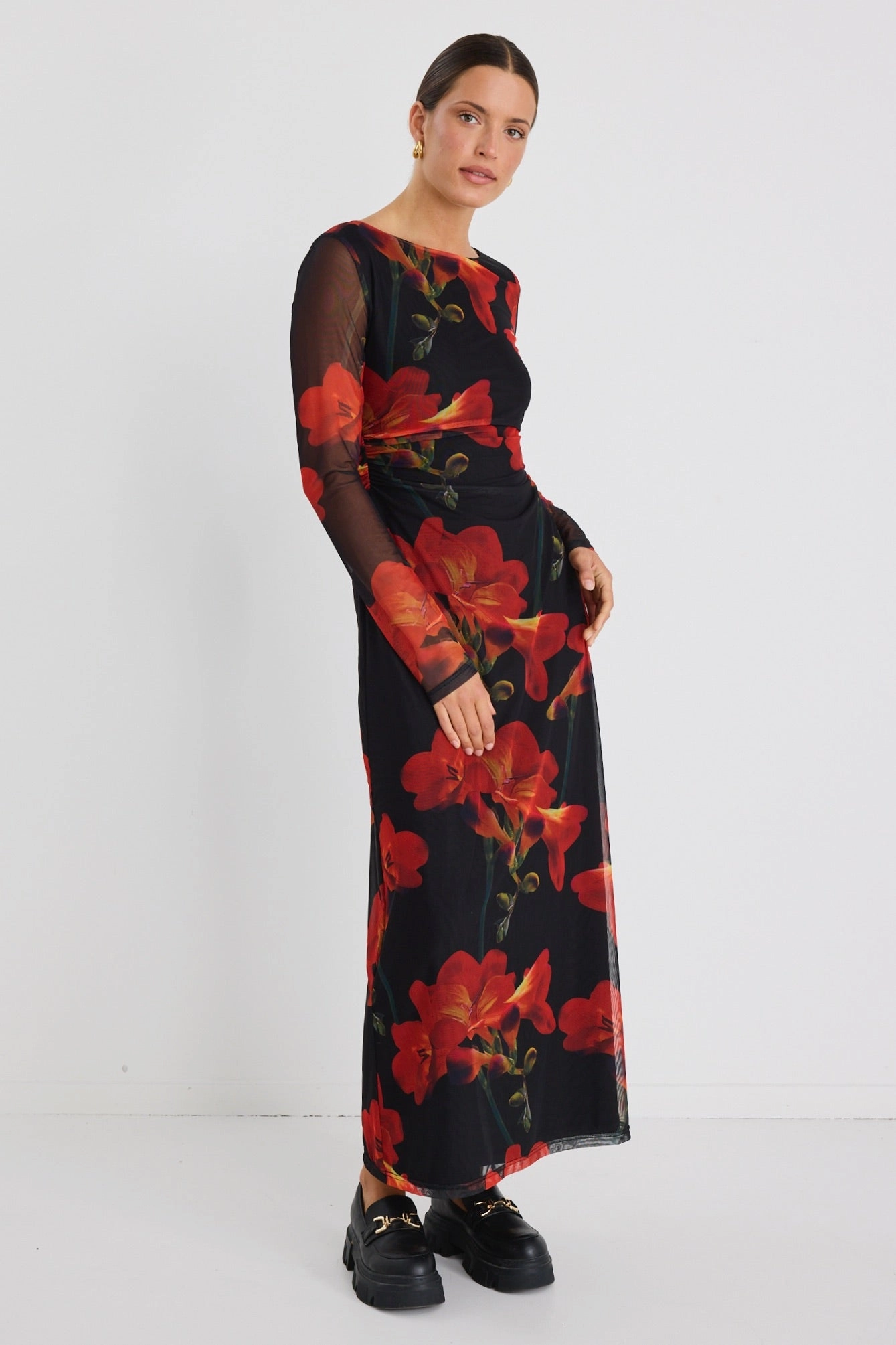 Location Red Floral Mesh LS Wide Neck Midi Dress Mood Comfort Delicate Touch