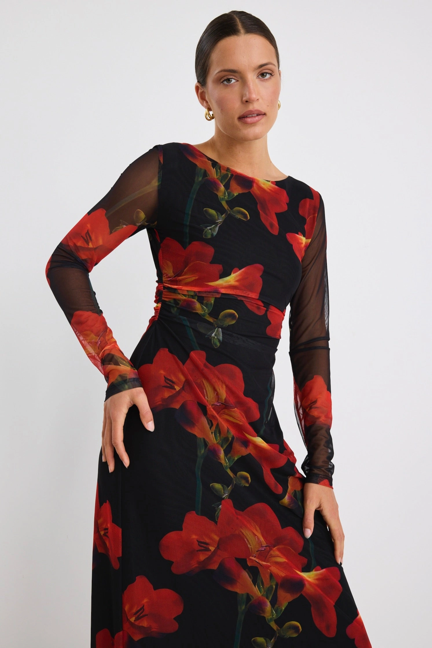 Location Red Floral Mesh LS Wide Neck Midi Dress Stylish Vibe Effortless Layering
