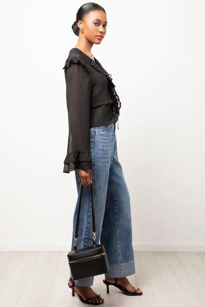 Breathable Tank Long Sleeve Chiffon Front Tie Top Black