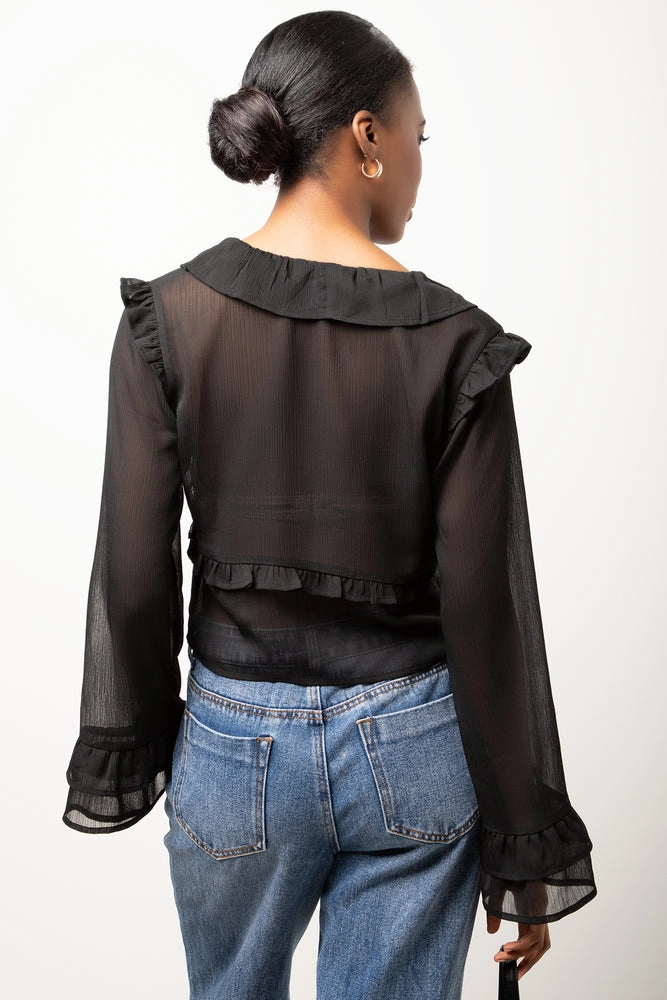 Long Sleeve Chiffon Front Tie Top Black EthicallySourcedMaterial Tencel Blend Fabric