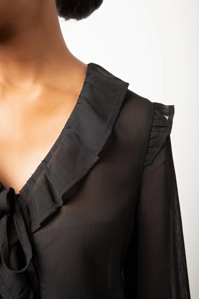 Long Sleeve Chiffon Front Tie Top Black Resilient Elasticity BreathableBackVents