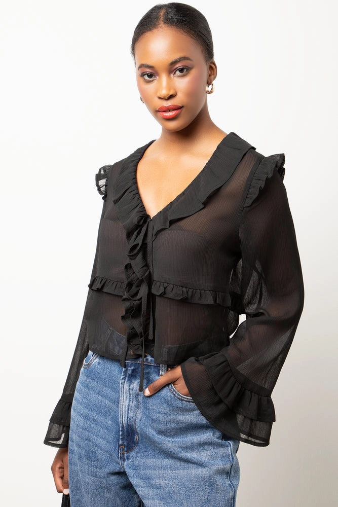 Long Sleeve Chiffon Front Tie Top Black Seamless Construction Design FasteningHood
